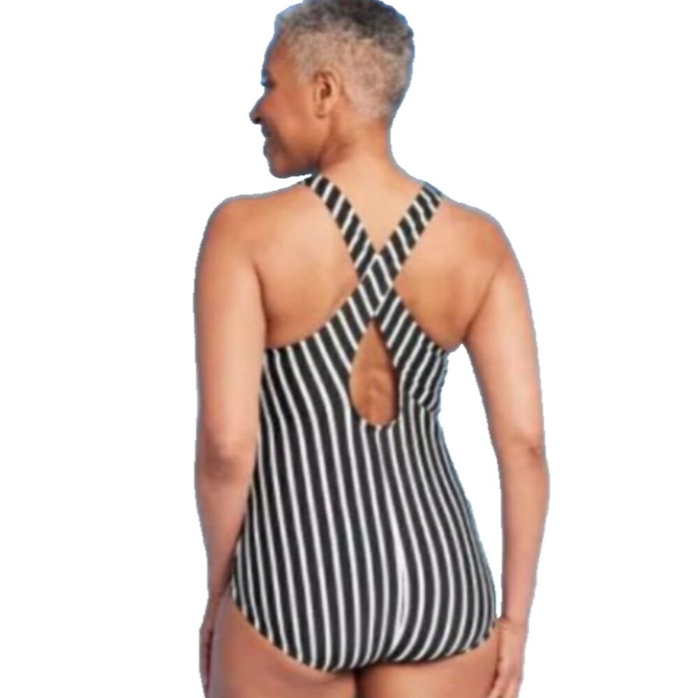 Women's Lands' End One Piece Swimsuit Black White Stripe Size M Full Coverage - Picture 3 of 8